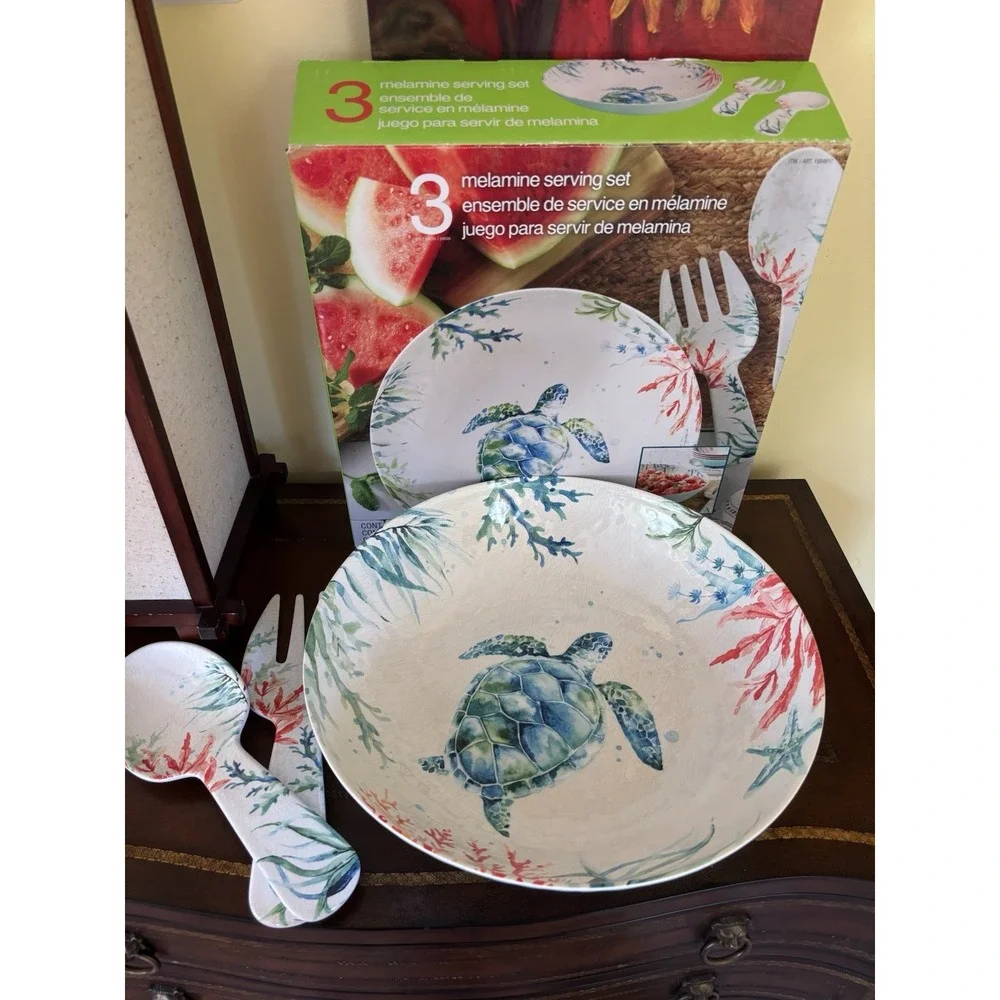 3 Melamine Serving Set Sea Turtle Serving Bowl Serving Utensils Summer Picnic